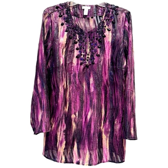 Chico’s Size 2 (US 12) Purple & Black Sheer Long Sleeve Embellished Tunic - Picture 1 of 5